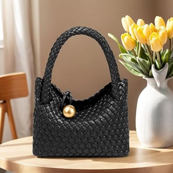 Neiman Marcus Black Woven Vegan Leather Handbag with Gold Sphere Clasp - Picture 1 of 3